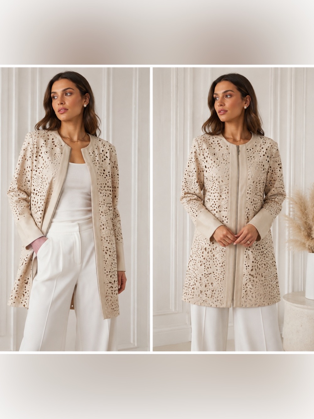 Guillaume Chic Beige Laser-Cut Zip Up Jacket Sz S